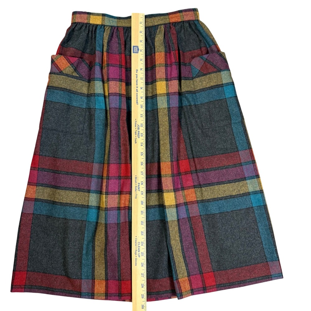 Vintage Dark Academia Mod Twee Plaid Wool Blend Midi Skirt Multi-Color Pockets - Picture 4 of 6